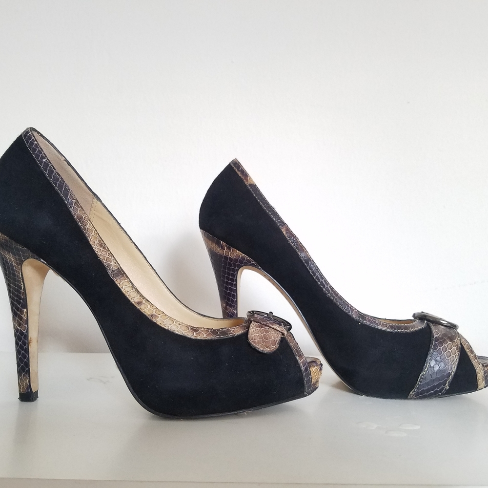 Black Suede Peeptoe Heels w/box